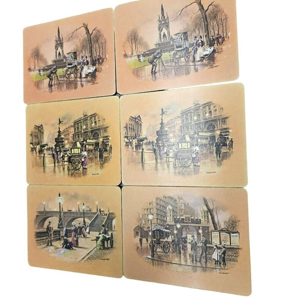 Set Of 6 Vintage Street Scene Coasters By‎ Seerey Lester Signed Rectangle Retro
